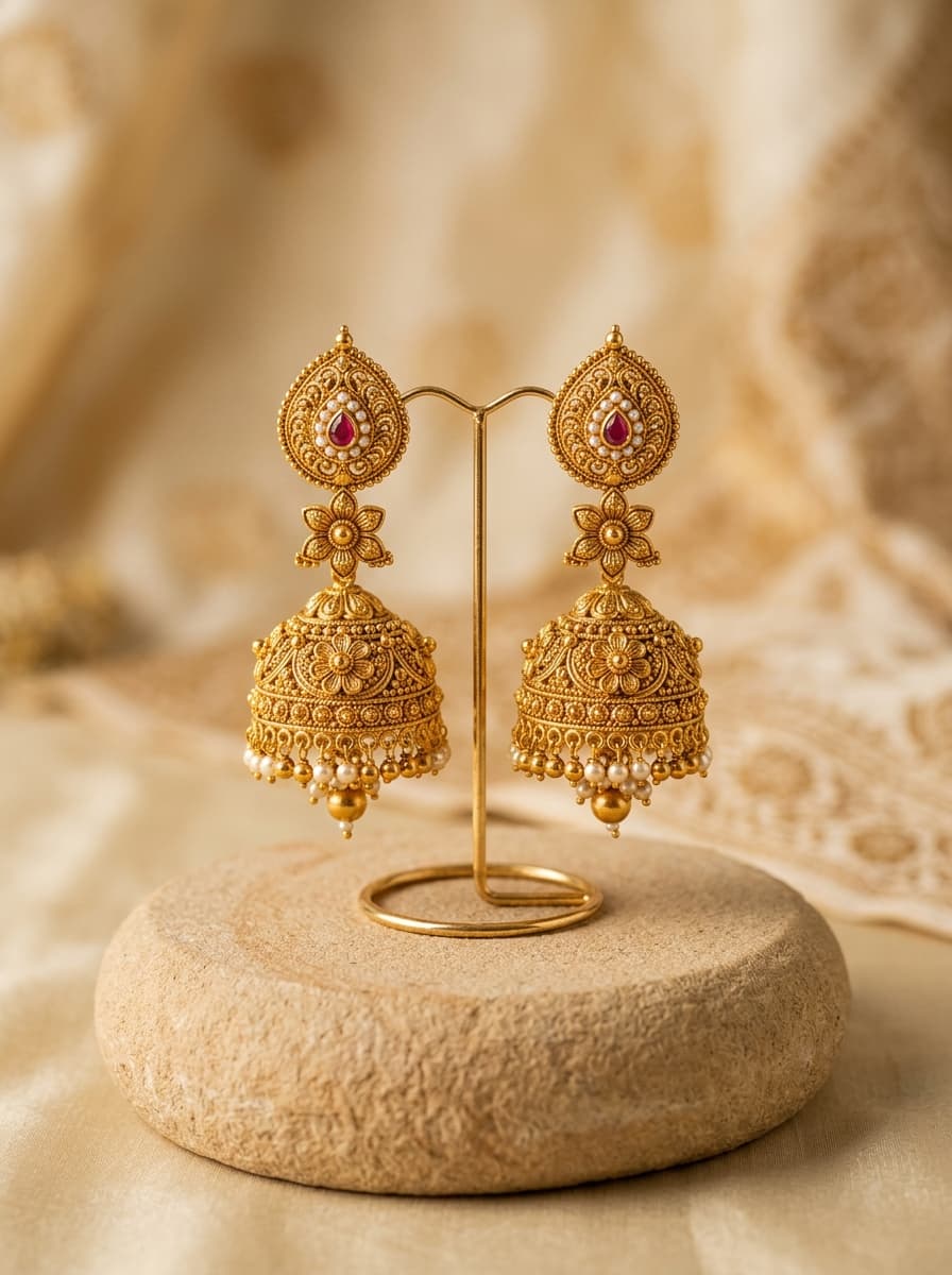 Traditional gold jhumka earrings on stone pedestal