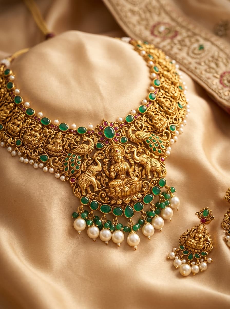 Exquisite gold bridal necklace with emeralds and pearls on silk fabric