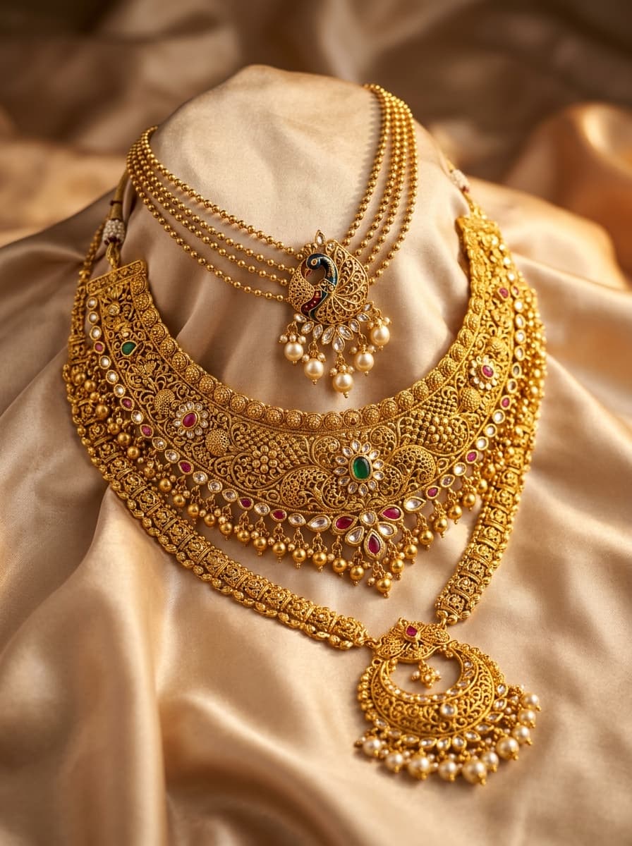 Traditional gold necklaces with intricate filigree work